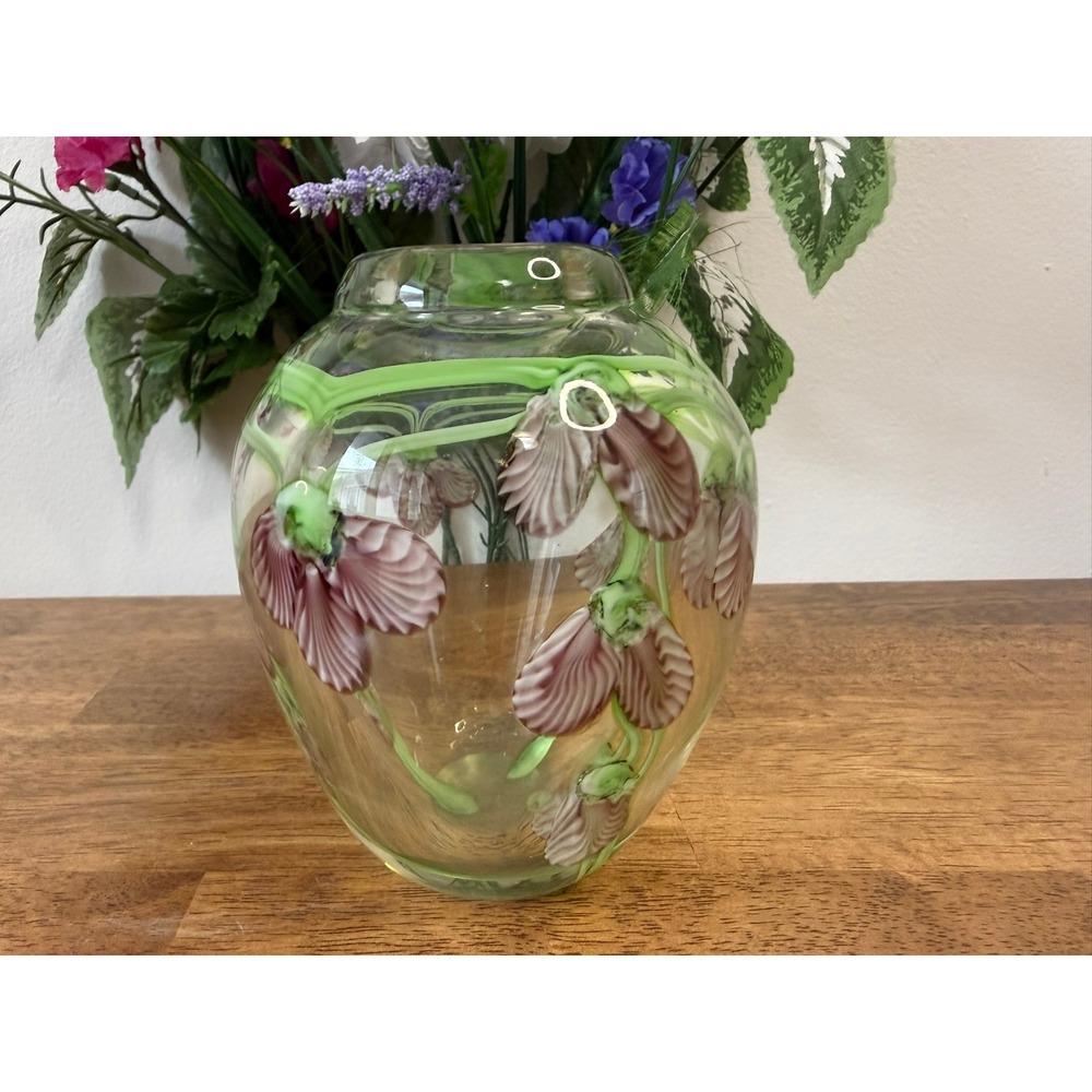 Vintage Hand-Painted‎ Art Glass Vase Pink Floral Green Vine Mid Century